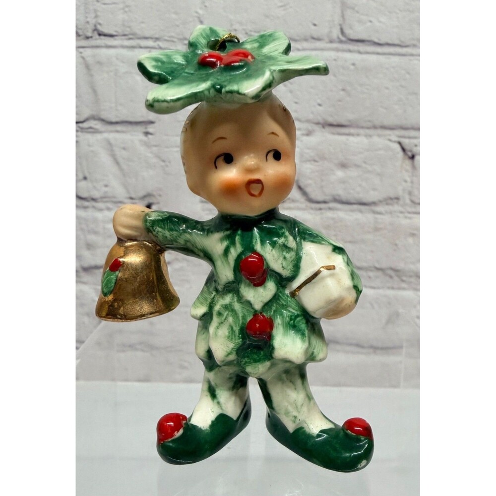 Vtg Napco Christmas Sweetheart Holly Boy Ornament Original Sticker 1950s Kitsch